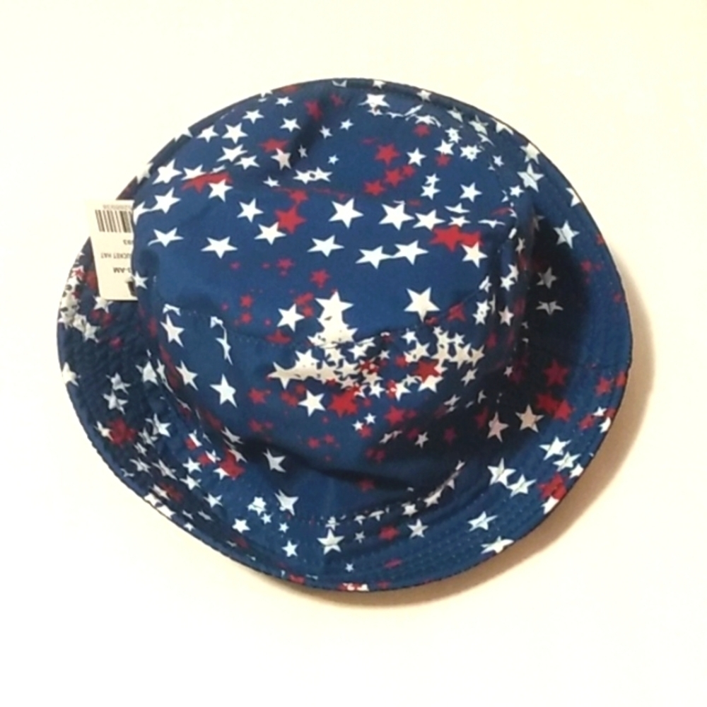 YOUTH BOYS BUCKET HAT - Blue Beach Hat with Red and White Stars  - SIZE OS NWT